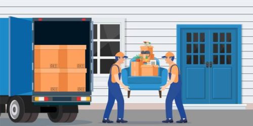 Delivery and relocation service concept. moving house. Delivery character man movers carry sofa with household items. Vector illustration in flat style